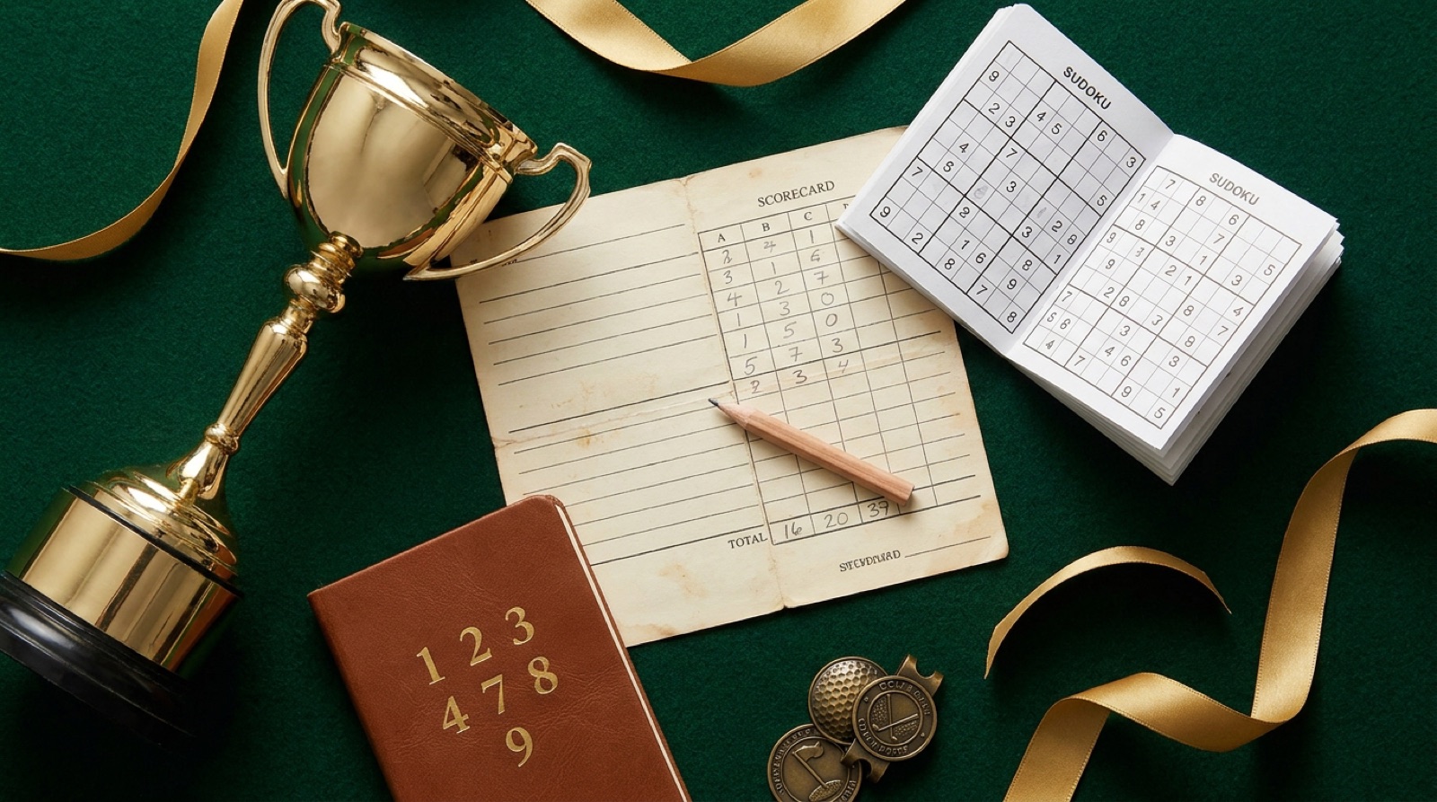 A golf trophy, vintage scorecard and sudoku booklet on green baize